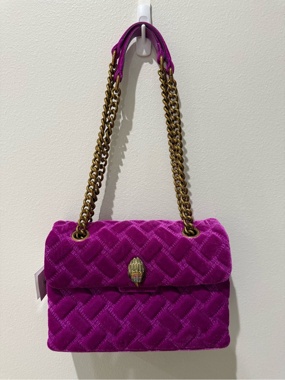 NWT Kurt Geiger Kensington Plush Quilted Velvet Shoulder Bag - Fuchsia